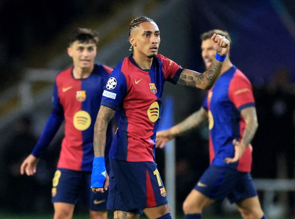 Raphinha of FC Barcelona celebrates a goal.
