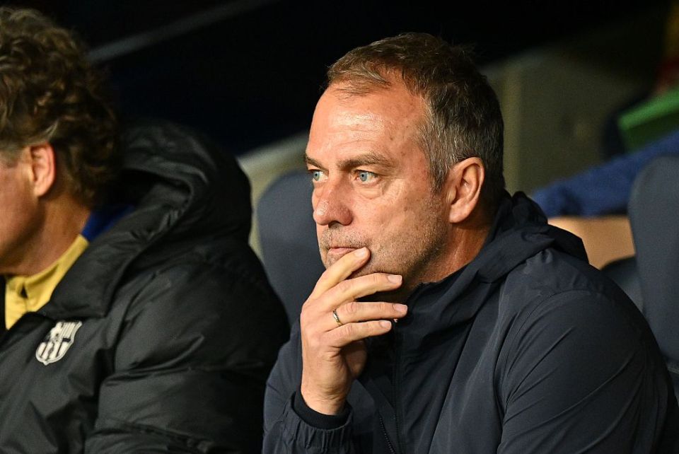 BARCELONA, SPAIN - APRIL 30: Coach Hansi Flick of FC Barcelona looks on during the UEFA Champions League 2024/25 Semi Final First Leg match between FC Barcelona and FC Internazionale Milano at Estadi Olimpic Lluis Companys on April 30, 2025 in Barcelona, Spain. (Photo by Marco Mantovani/Getty Images)