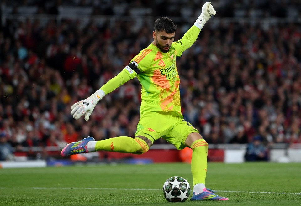 David Raya of Arsenal kicks the ball during a Premier League match.