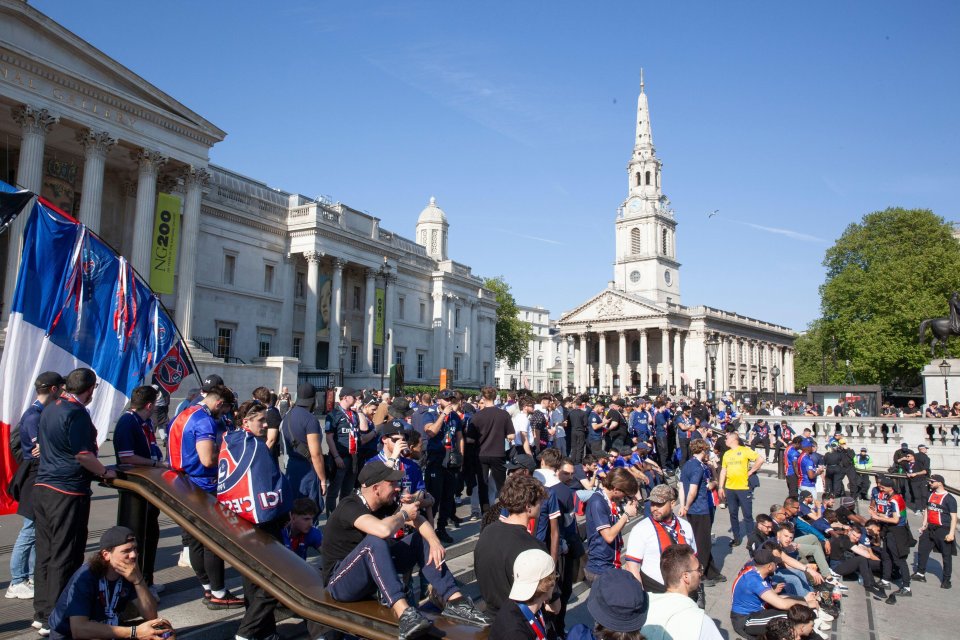 Paris Saint-Germain fans gathered in Trafalgar Square before a Champions League match.