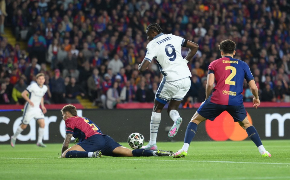Marcus Thuram of FC Internazionale scoring a goal during a soccer match.