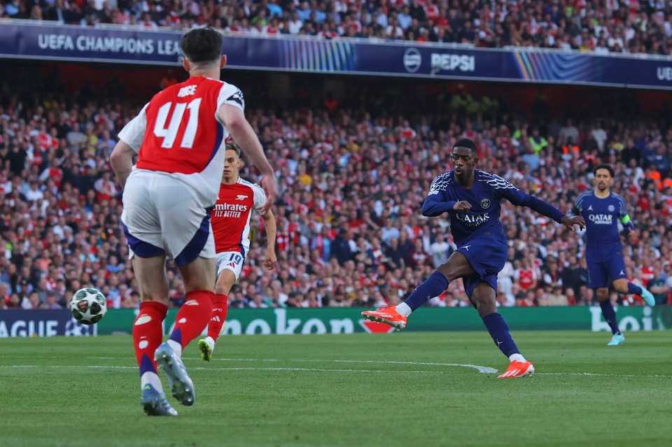 Ousmane Dembele of Paris Saint-Germain scoring a goal during a Champions League match.