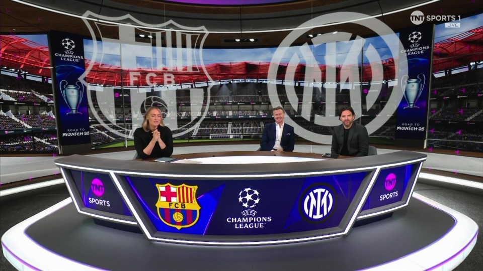 Three sportscasters sitting at a desk in a studio set featuring FC Barcelona and Inter Milan logos and Champions League branding.