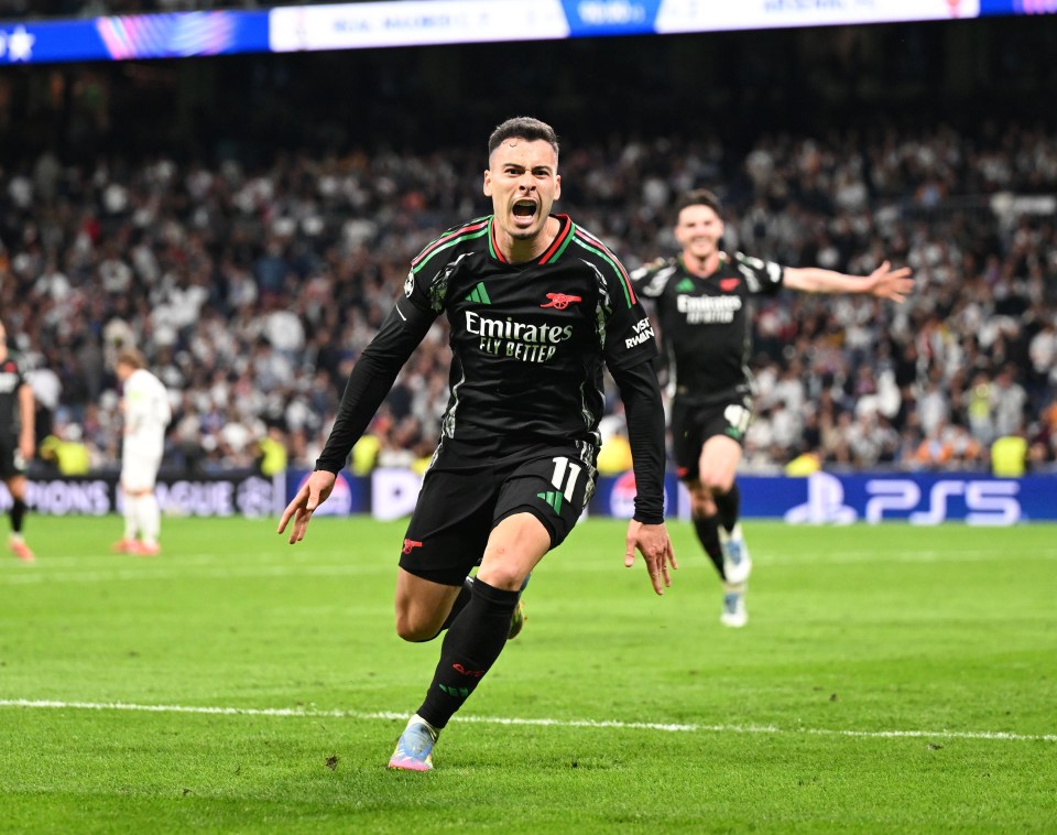 Gabriel Martinelli celebrating a goal during a soccer match.