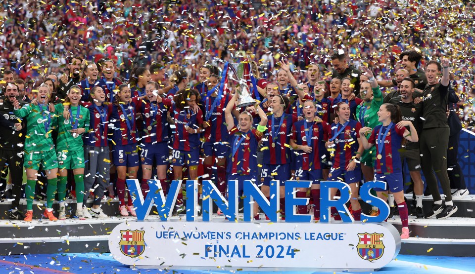FC Barcelona women's soccer team celebrates winning the 2024 UEFA Women's Champions League.