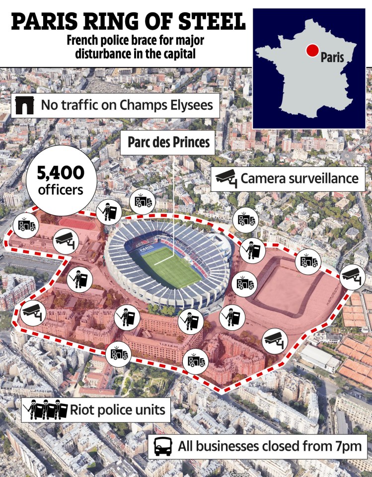 Illustration of Paris security plan for Champions League final, showing police deployment around Parc des Princes.