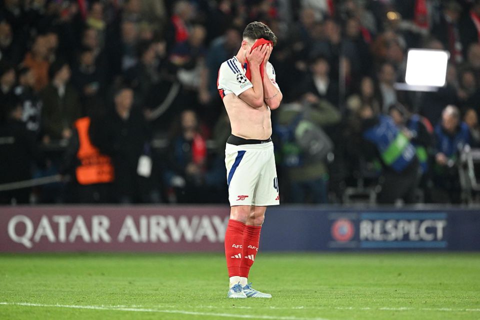 PARIS, FRANCE - MAY 7: Declan Rice of Arsenal reacts after the UEFA Champions League second leg semi-final match between PSG and Arsenal at Parc des Princes stadium in Paris, France on May 7, 2025. (Photo by Mustafa Yalcin/Anadolu via Getty Images)