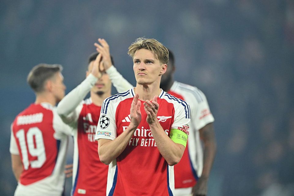 PARIS, FRANCE - MAY 7: Martin Odegaard of Arsenal greets to fans after the UEFA Champions League semi-final second leg match between Paris Saint-Germain and Arsenal at Parc des Princes in Paris, France, on May 7, 2025. (Photo by Mustafa Yalcin/Anadolu via Getty Images)
