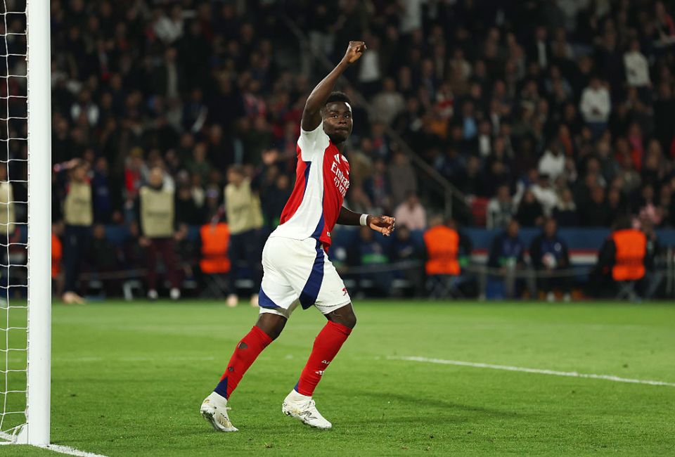 PARIS, FRANCE - MAY 07: Bukayo Saka of Arsenal celebrates scoring his team's first goal during the UEFA Champions League 2024/25 Semi Final Second Leg match between Paris Saint-Germain and Arsenal FC at Parc des Princes on May 07, 2025 in Paris, France. (Photo by Richard Heathcote/Getty Images)