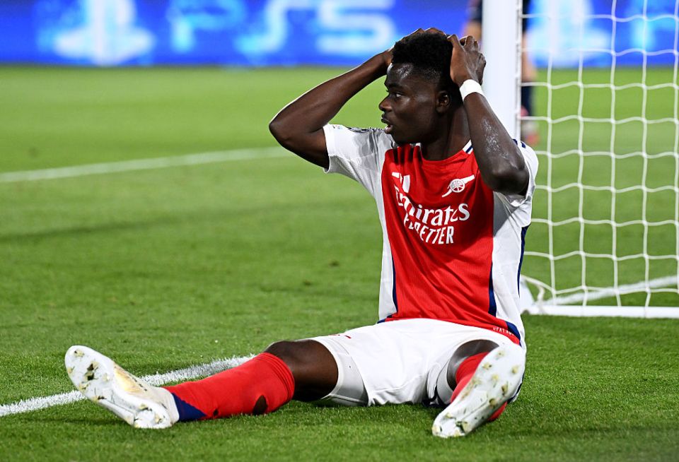 PARIS, FRANCE - MAY 07: Bukayo Saka of Arsenal reacts after missing a chance during the UEFA Champions League 2024/25 Semi Final Second Leg match between Paris Saint-Germain and Arsenal FC at Parc des Princes on May 07, 2025 in Paris, France. (Photo by Stuart MacFarlane/Arsenal FC via Getty Images)