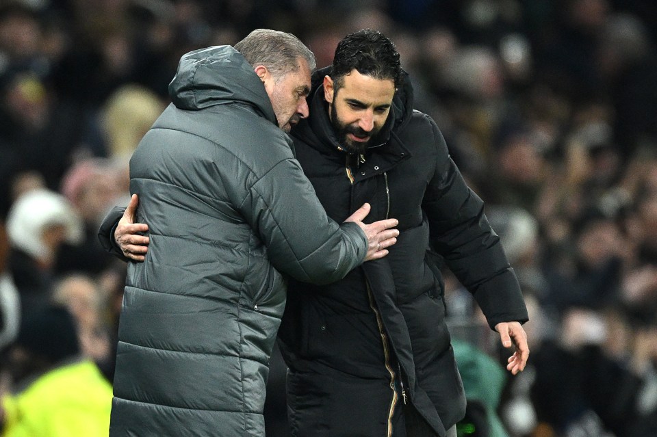 Ange Postecoglou and Ruben Amorim embracing after a Premier League match.