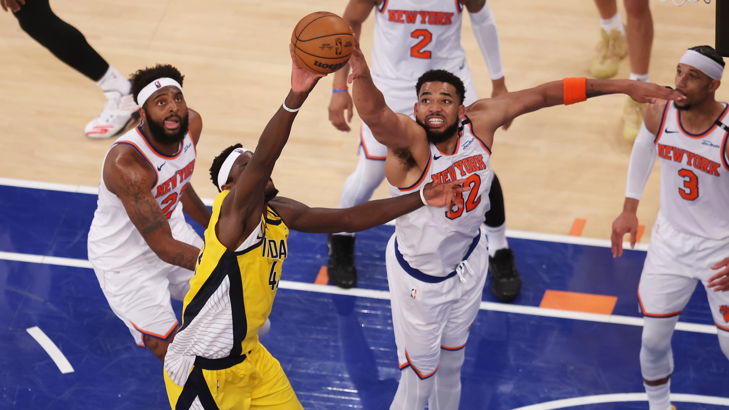 May 21, 2025; New York, New York, USA; New York Knicks center Karl-Anthony Towns (32) defends against Indiana Pacers forward Pascal Siakam (43) in the fourth quarter during game one of the eastern conference finals for the 2025 NBA Playoffs at Madison Square Garden. 