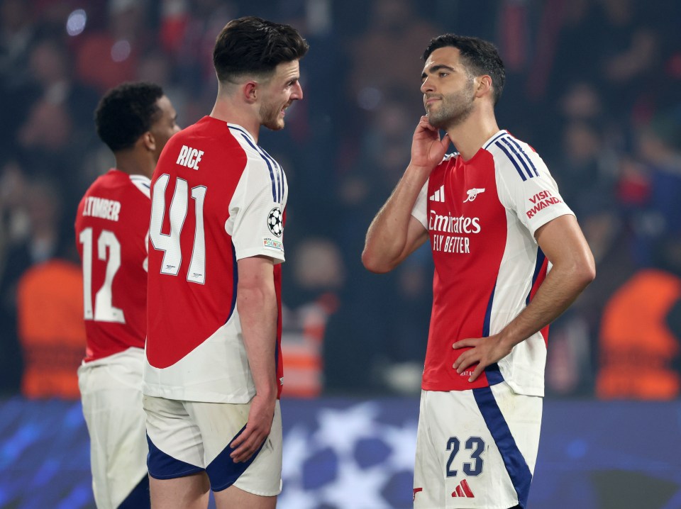 Declan Rice and Mikel Merino of Arsenal looking dejected.