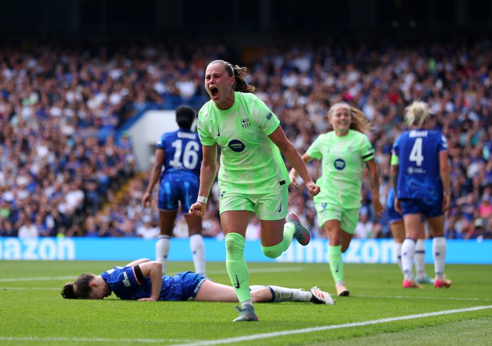 Ewa Pajor of FC Barcelona celebrates scoring a goal.