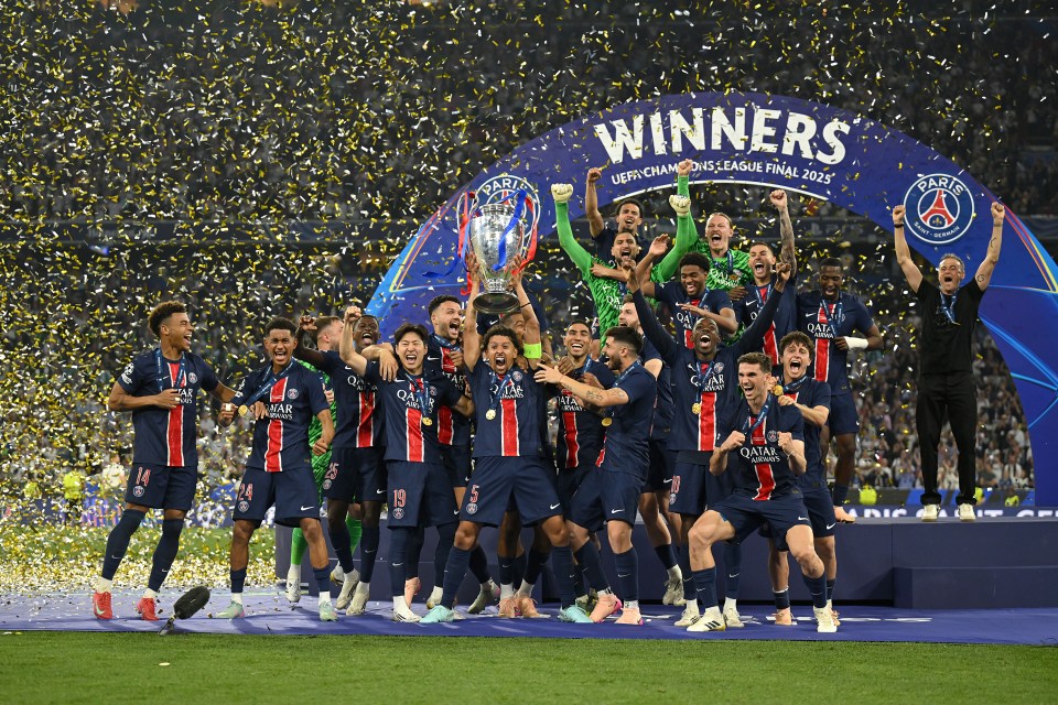 Paris Saint-Germain players celebrating their UEFA Champions League victory.