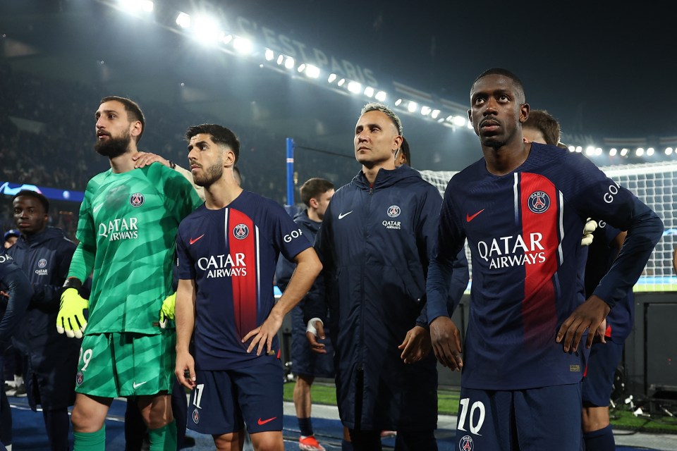 Paris Saint-Germain players looking dejected after a Champions League match.