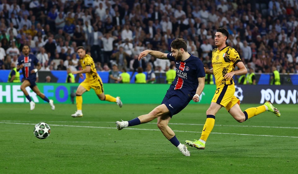 Paris St Germain's Khvicha Kvaratskhelia scoring a goal.