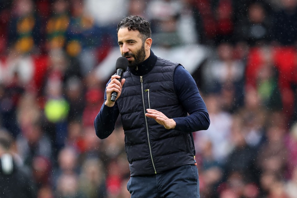 Ruben Amorim, Manchester United manager, speaking into a microphone.