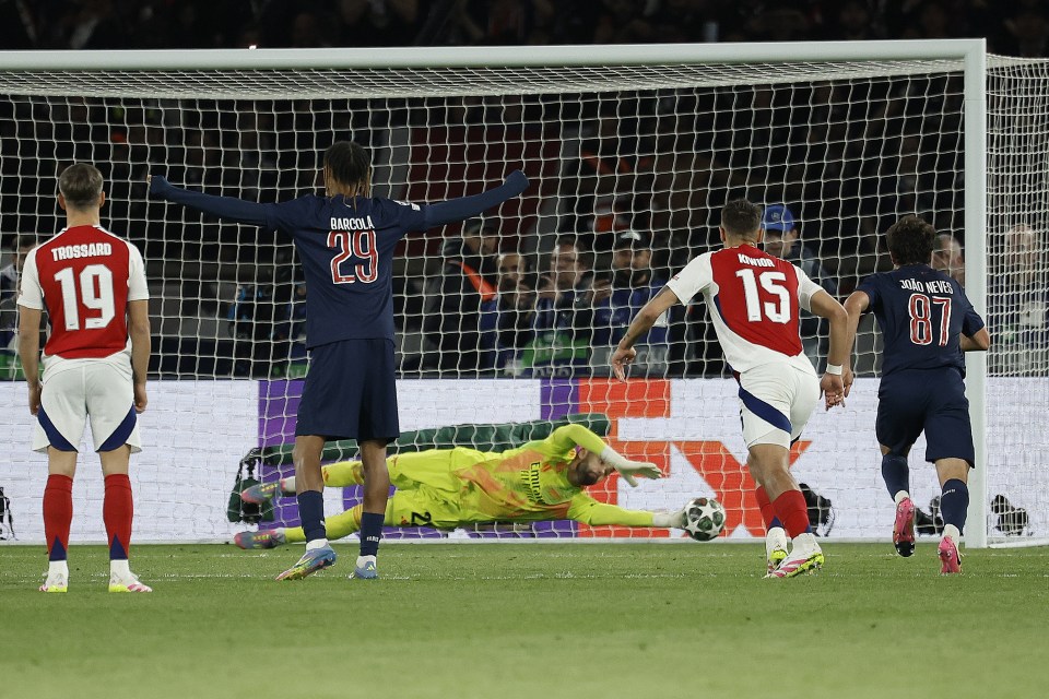 Arsenal goalkeeper David Raya saving a penalty during a UEFA Champions League match.