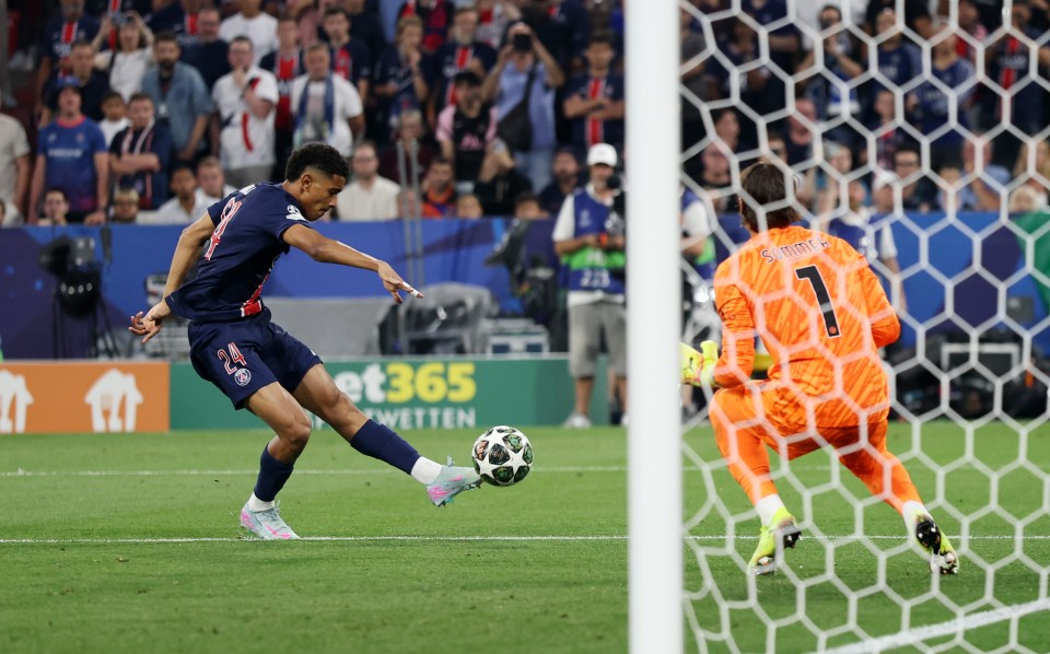 Senny Mayulu of Paris Saint-Germain scoring a goal during a UEFA Champions League Final.