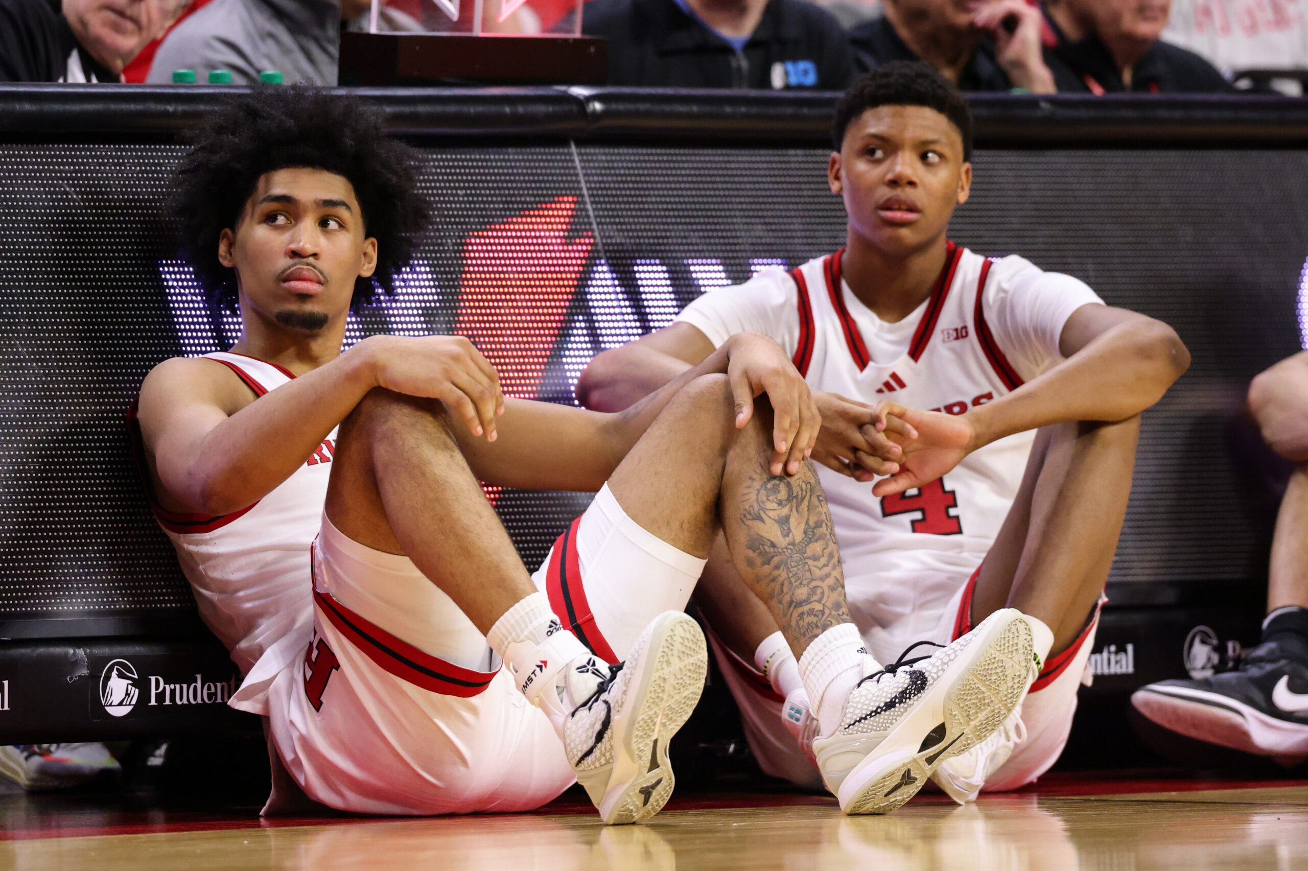 PISCATAWAY, NEW JERSEY - MARCH 9: Dylan Harper #2 of the Rutgers Scarlet Knights and Ace Bailey #4 of the Rutgers Scarlet Knights against the Minnesota Golden Gophers during the second half at Jersey Mike's Arena on March 9, 2025 in Piscataway, New Jersey. (Photo by Ed Mulholland/Getty Images)