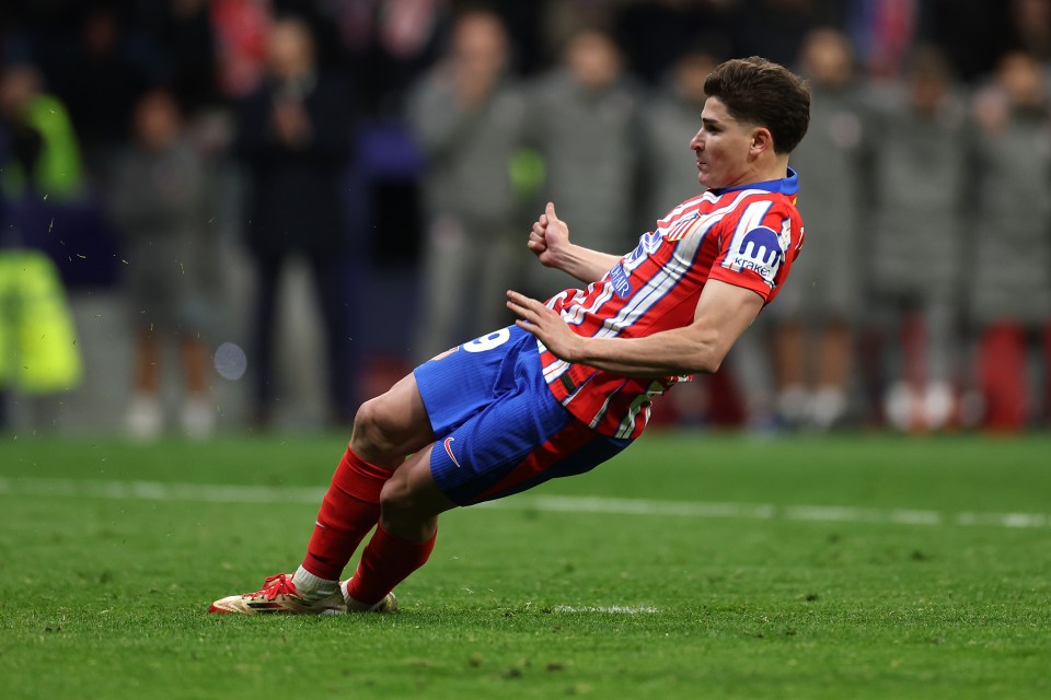 Julian Alvarez of Atletico de Madrid taking a penalty kick.